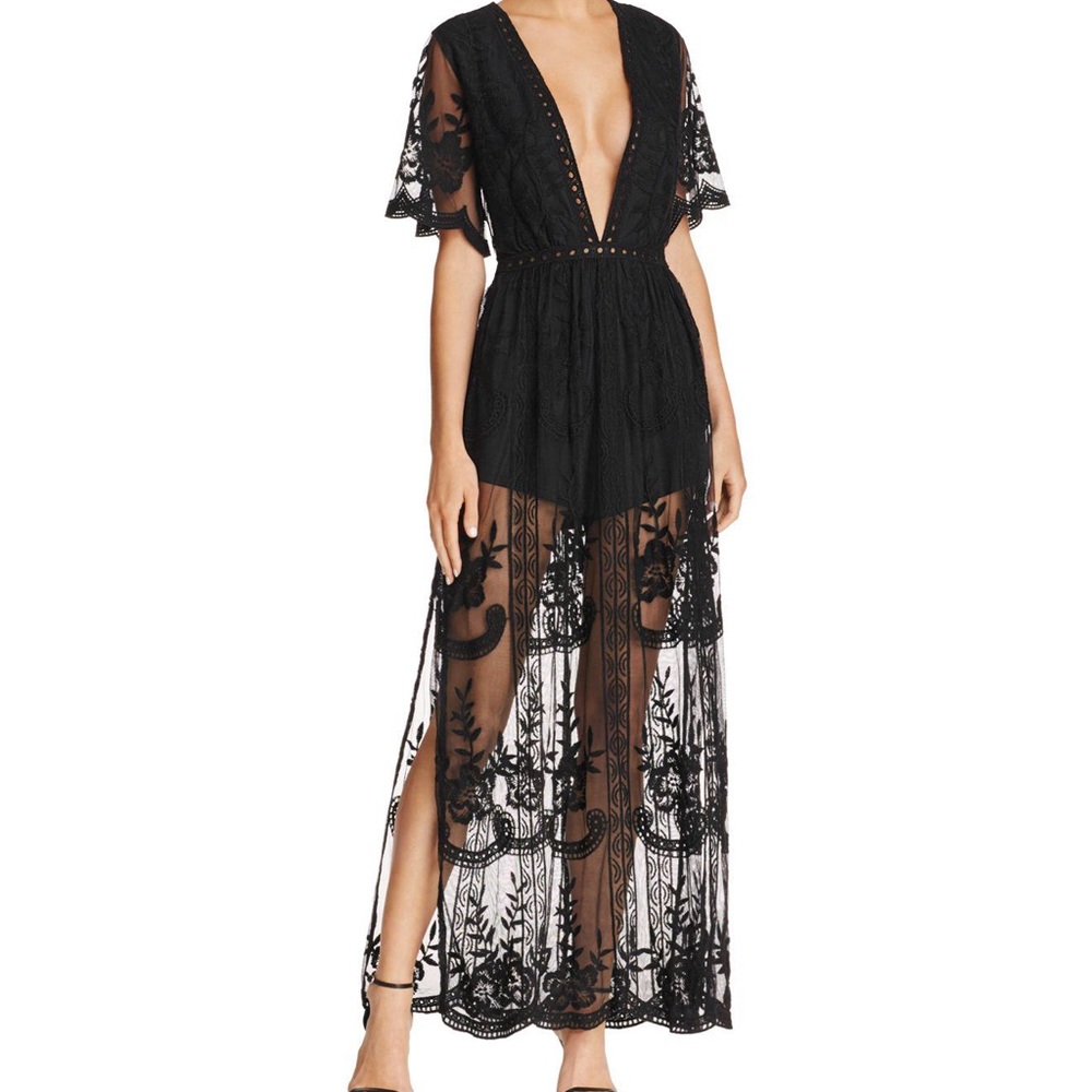 Aqua deep V black romper overlay maxi